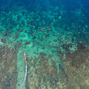 Aerial view of Long tail boats on the sea at Koh Tao island, Thailand.